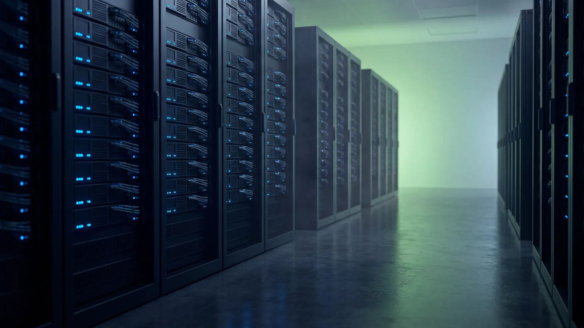 Pasillo de centro de datos con racks ordenados e iluminaci&oacute;n azul y un acento verde al fondo
