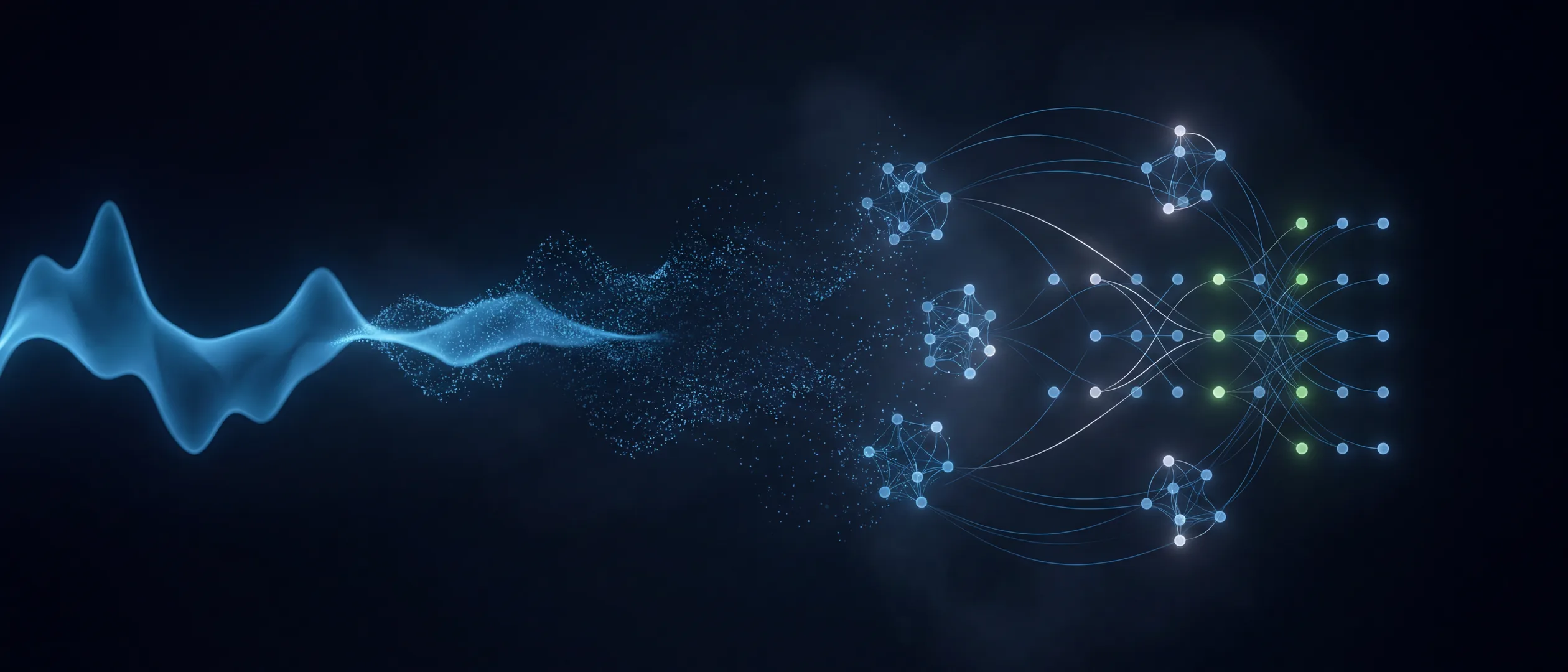 Onda de voz azul que se transforma gradualmente en constelaciones ordenadas de nodos conectados