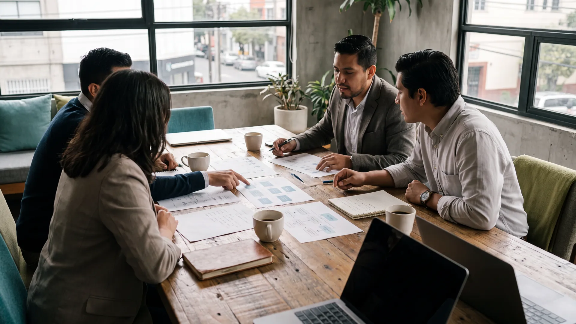 Equipo de marketing revisando diagramas de campa&ntilde;as impresos alrededor de una mesa de trabajo con luz natural