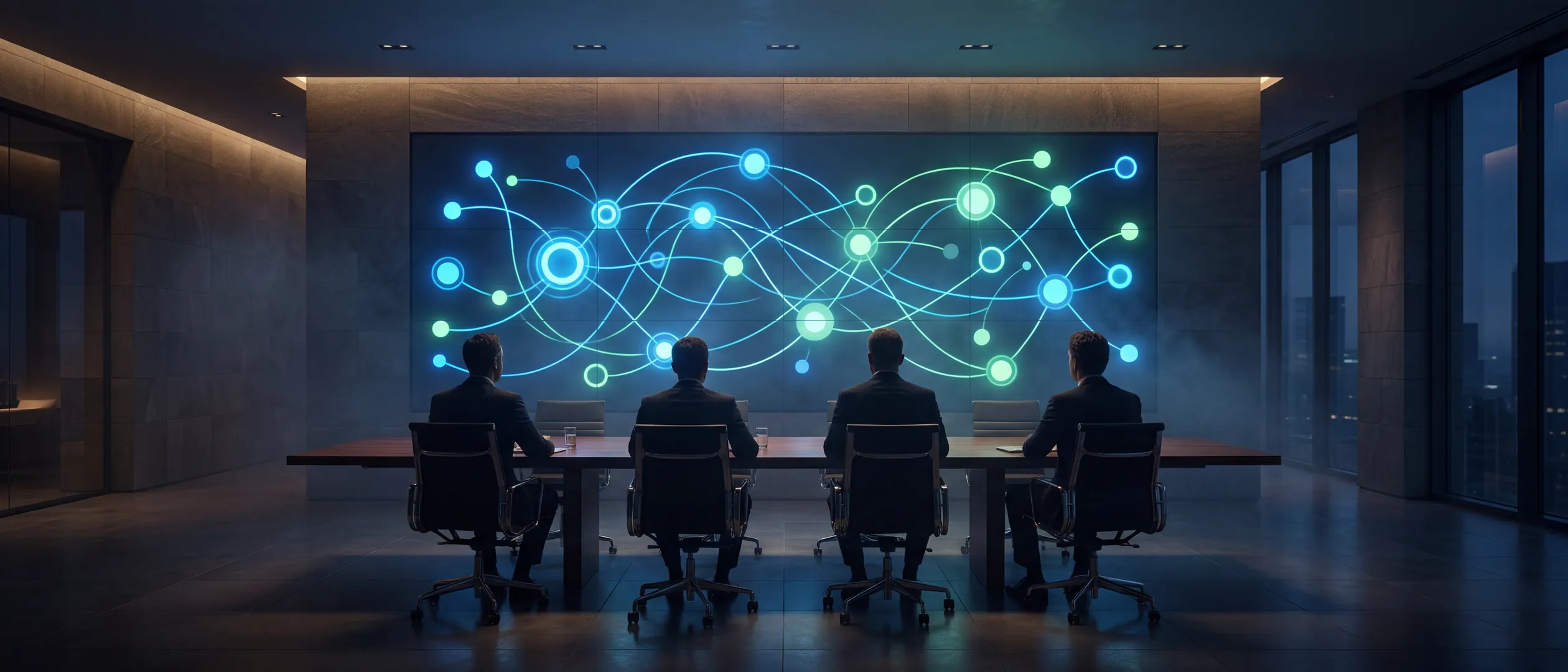 Sala ejecutiva en penumbra con directivos frente a un muro luminoso de nodos y conexiones abstractas
